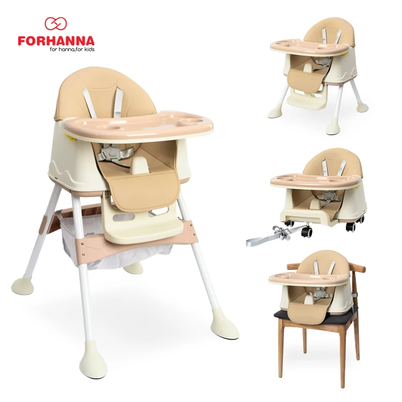 The Best Selling With Wheels 4 In 1 Adjustable Plastic Feeding Dining Baby High Chair