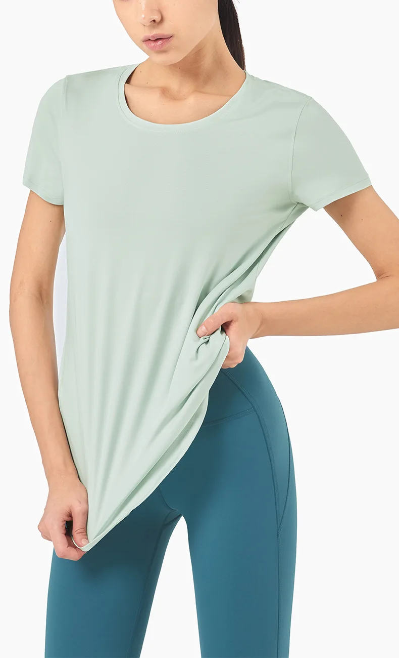 woman yoga gym loose t shirts round collar short sleeve top fitness sports high-elastic T-shirt curved hem