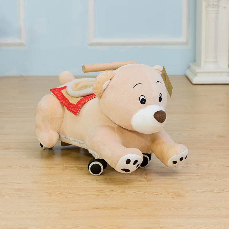 Material Cartoon Stuffed Animal Riding Cow Dog Toy On Wheel Plush Soft Baby Toddler Rocking Cartoon Sliding Ride On Toy