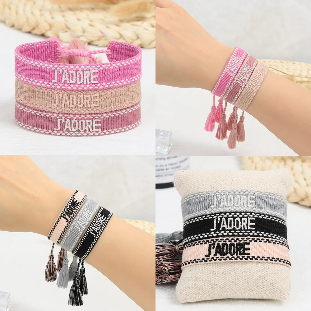 Ethnic embroidered designer letters tassel twisted rope crochet braided cord bracelet and charms