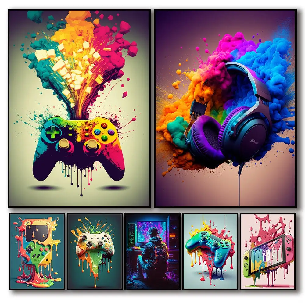 80s Colorful Punk Neon Gamer Controller Cool Gaming Poster For Wall Art Esports Game Room Decor Canvas Painting Home Living Room