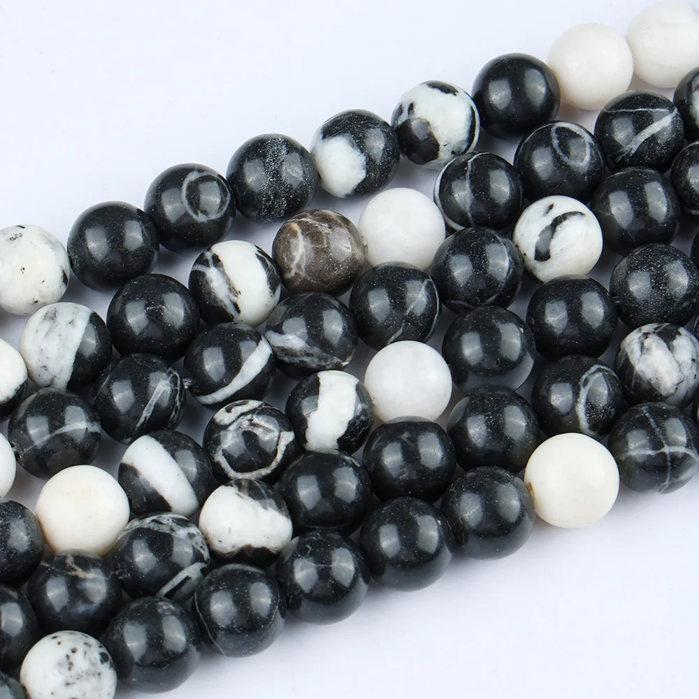 JSES Wholesale Natural Black White Zebra Jasper Loose Beads for Jewelry Making 4 6 8 10mm Gem Stones Beads DIY Accessories