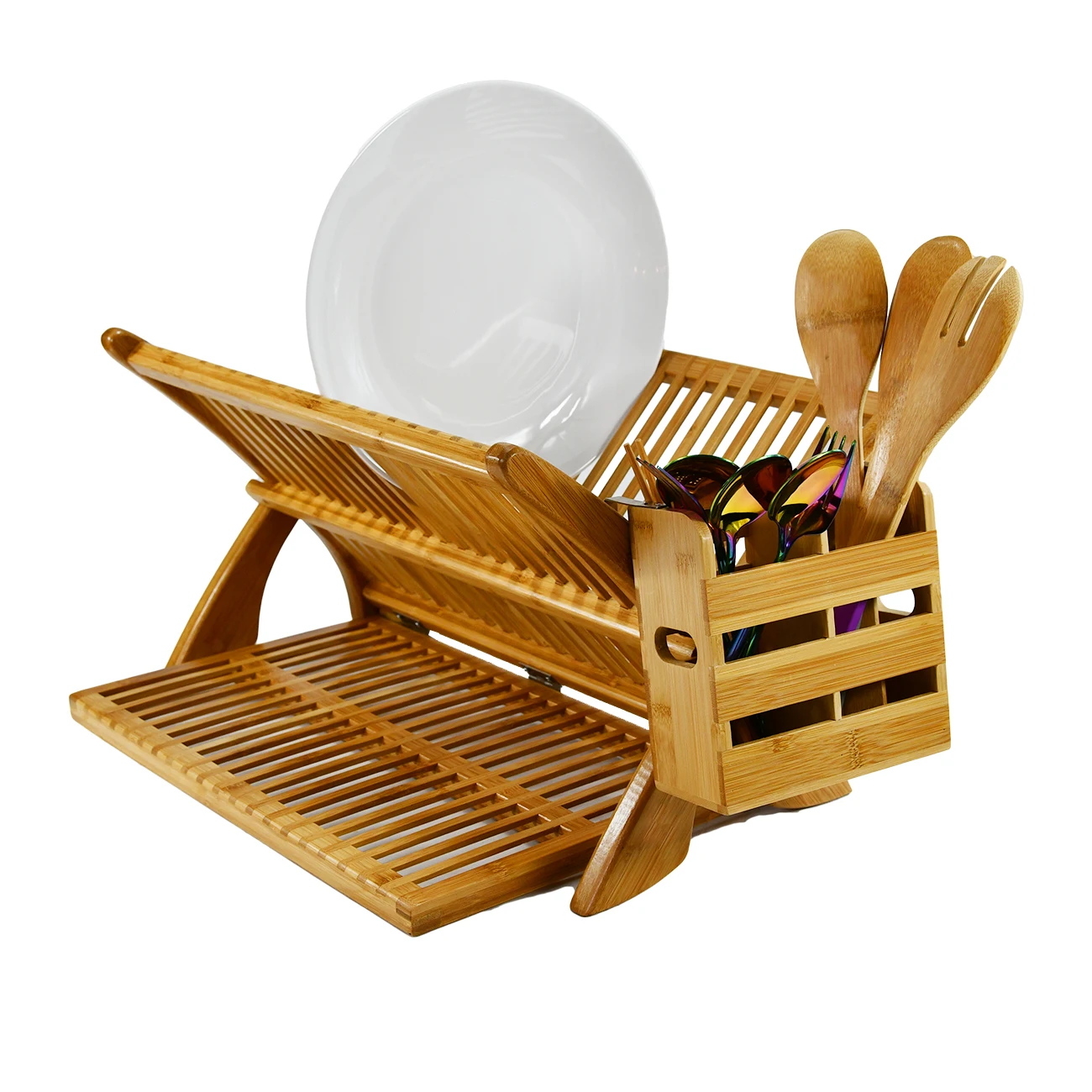 Foldable & Compact Bamboo Wood Plate Drainer Kitchen Dish Drying Rack and Utensil Holder for Kitchen Countertop