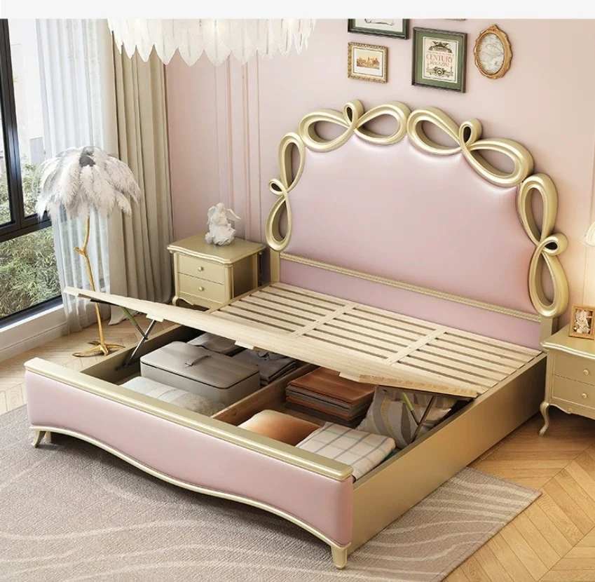 Bedroom Furniture Set Leather Upholstered King Size Wood Frame Double Bed Storage Princess Wooden Bed Pink Luxury Royal Bed