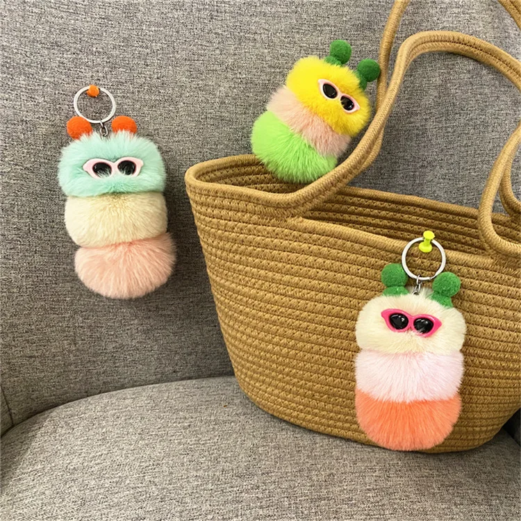 Fancy Caterpillar Keychain Rabbit Fur Caterpillar pom Pom animal Key chains with Sunglasses and Winter Knit Hat stuffed toy