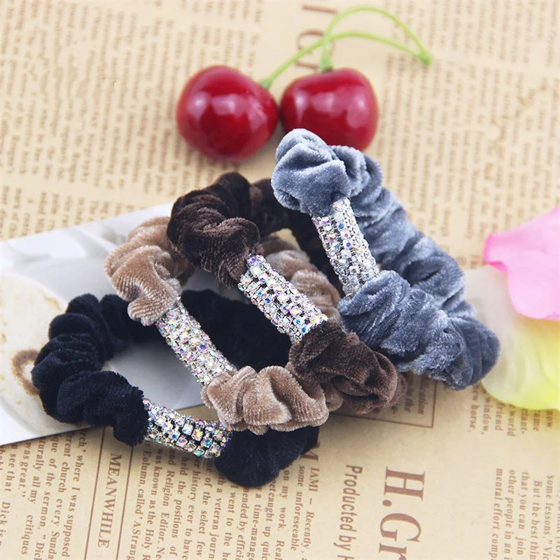 Custom Shiny Rhinestone Velvet Elastic Hair Rope Scrunchie Stretch Hair Tie For women Girl Hair Accessories Ponytail Holder