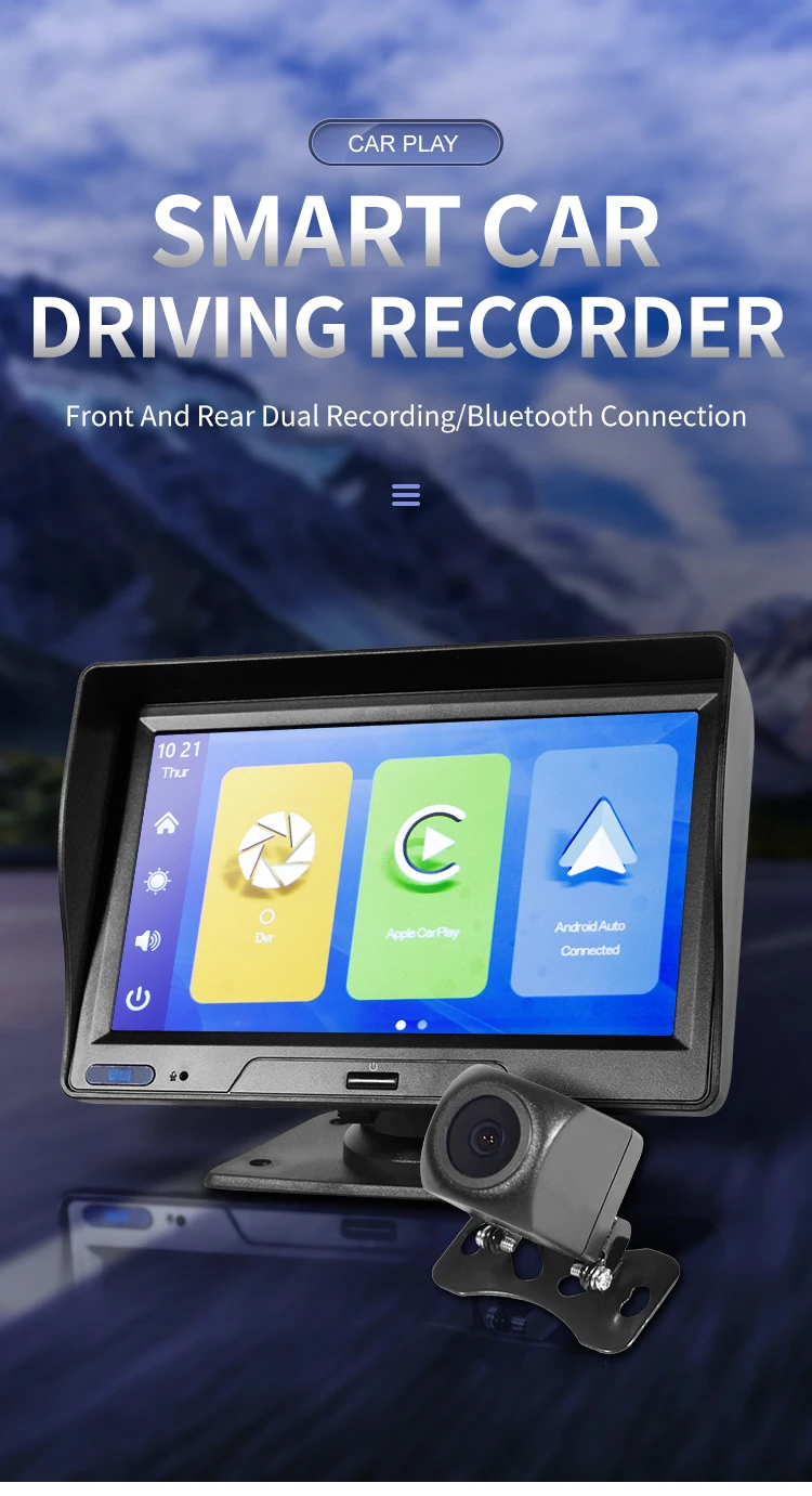 7'' Touch Screen Voice Control FM Radio Dual Record Front Back Camera Android Auto Carplay Car Dash Cam Recorder 