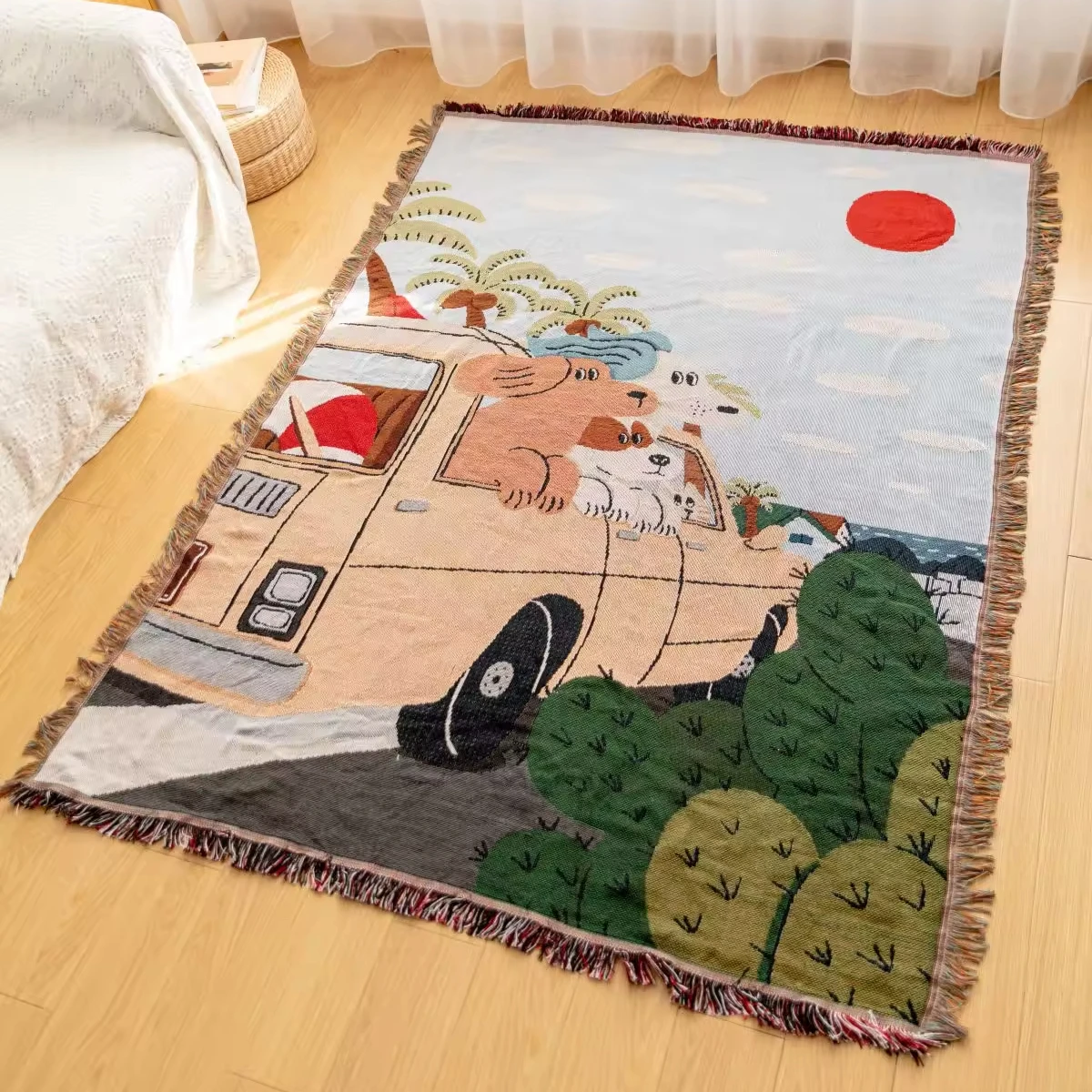 cute animal dog cartoon outdoor custom jacquard woven throw rug home decor blanket wholesale