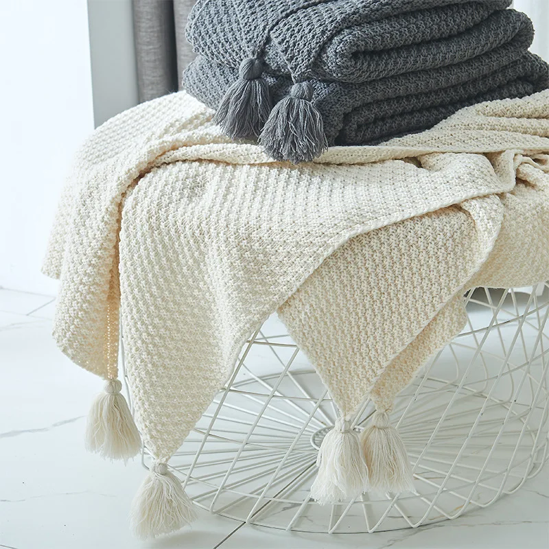 Solid Color Nordic Guipure Knitted Blanket Throw Blanket With Tassel Comfortable Soft Warm Blanket For Bed Couch Sofa