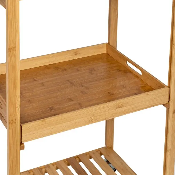 Foldable Bamboo Rolling Kitchen Island Cart Storage Trolley Cart Rolling Wood Cart With Wheels