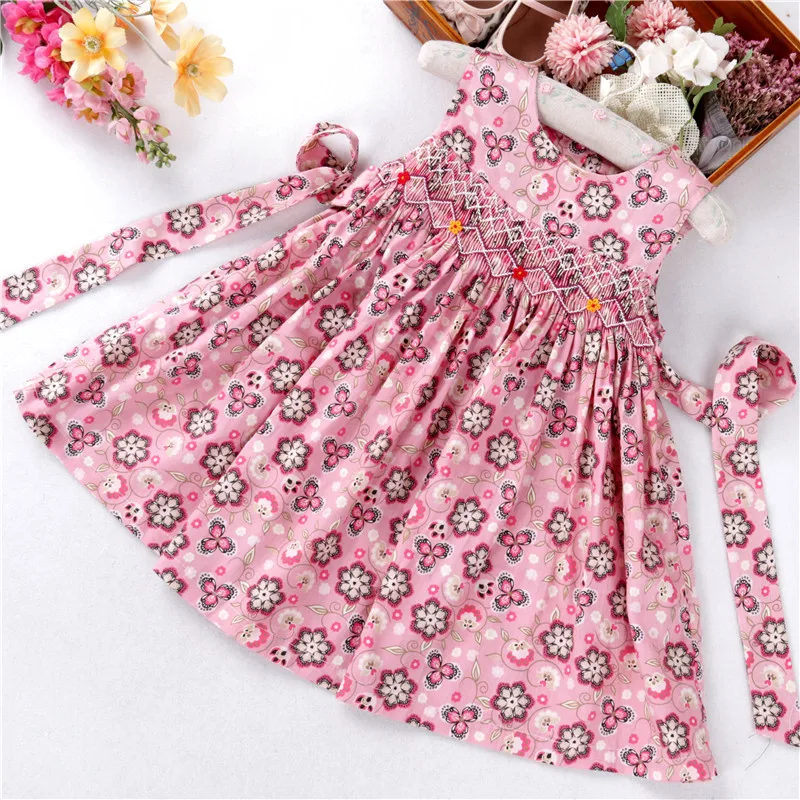 C2030766 kids dresses for girls smocked baby clothes pinkflower floral hand made children clothing 2-10 year
