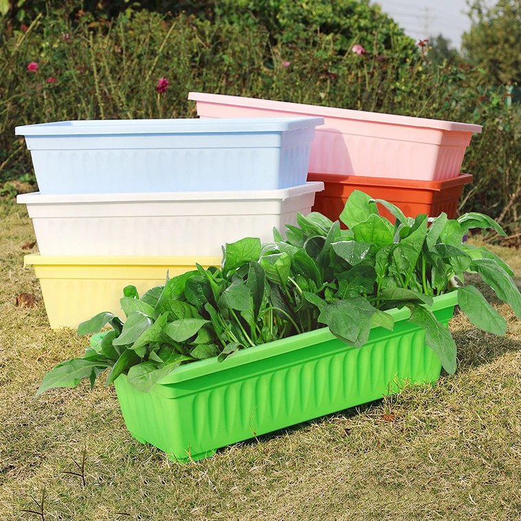 Лидер продаж, цветной прямоугольный пластиковый цветочный горшок большого размера для выращивания на балконе, растительный горшок с подносом