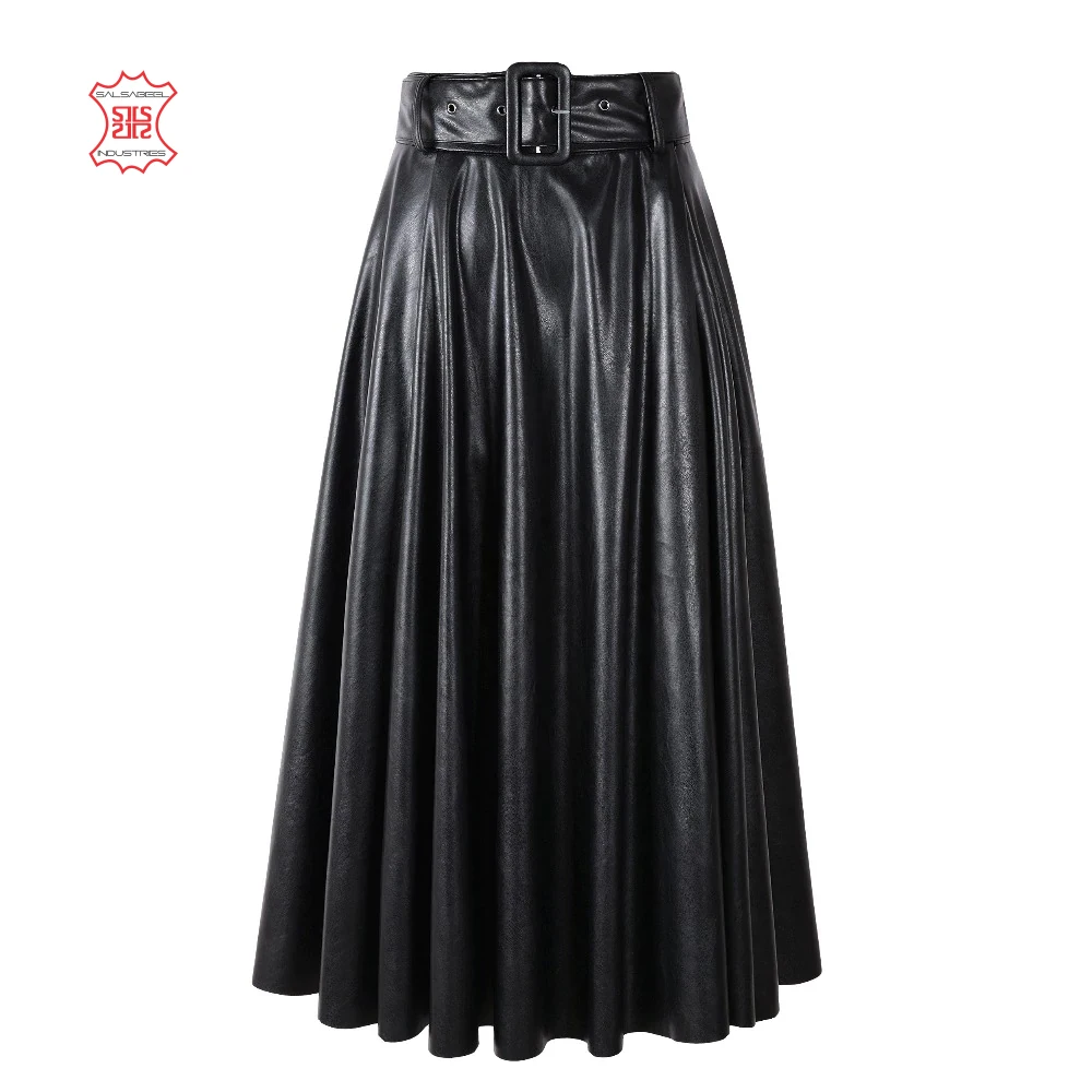High quality women fashion sexy shiny pleated leather skirt tight long skirt