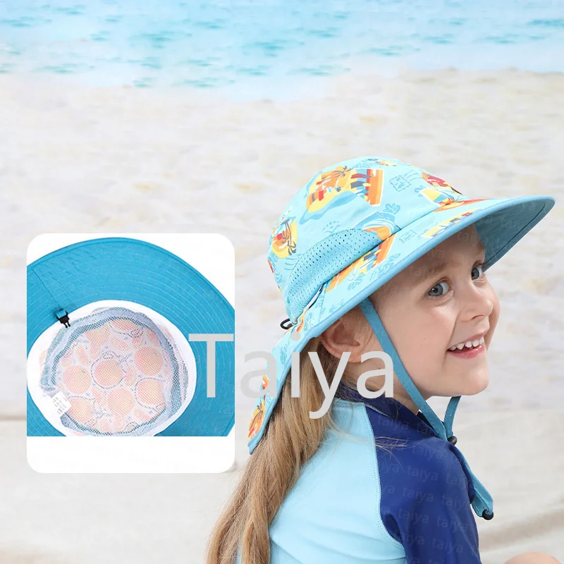 Custom logo Kids Summer Outdoor ventilation Large brim shawl sun protection fisherman hat Uv protection upf50+ baby sun hats