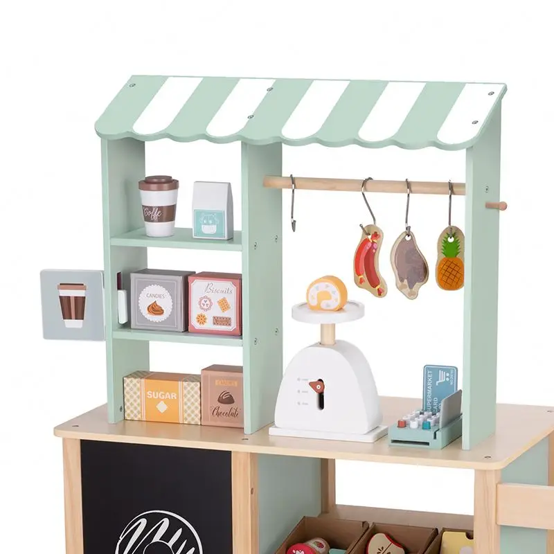 Children play grocery store toy wooden kitchen toy stall cash register sale shelf shop cart trolley set