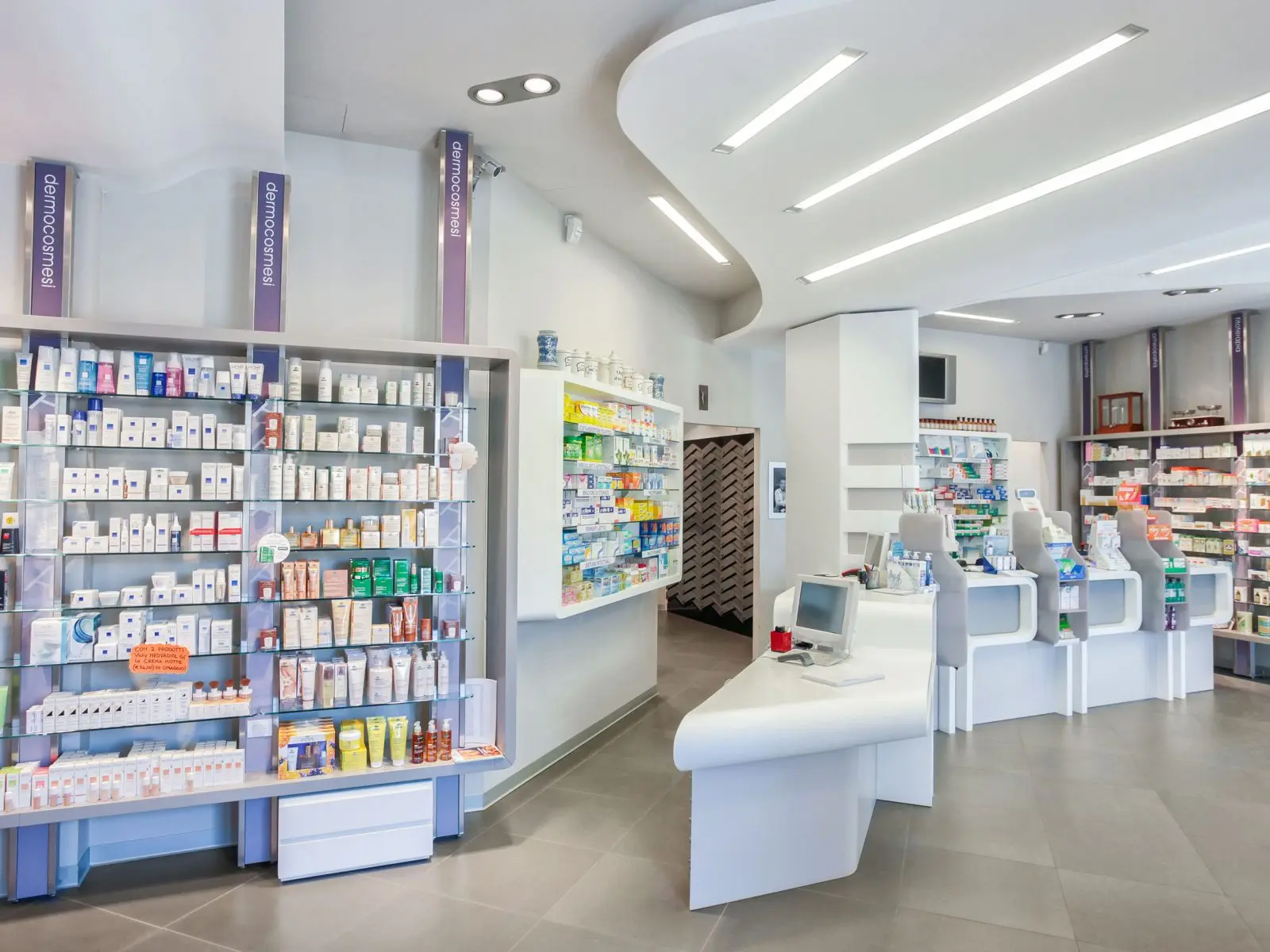 Retail Fixtures Showroom Display Shelf Interior And Exterior Wooden Pharmacy Shop Medical Store Counter Design