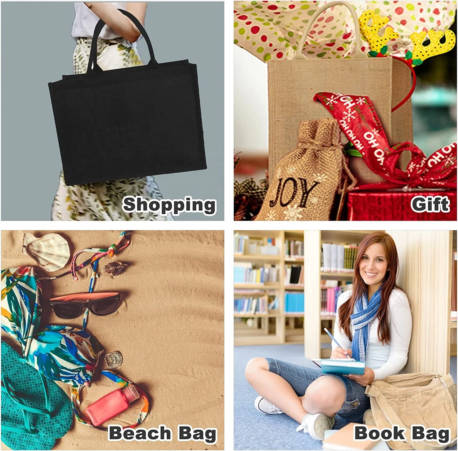 Black Jute Tote Bags Bulk Inner Zipper Pocket Cotton Handles Large Burlap Beach Tote Bags for Teacher Blank Bridesmaid Tote