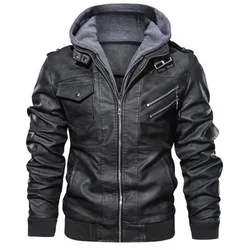 2022 New Fashion Cool Leather Jacket Men Zipper Collar Long Sleeves Hoodie Motorcycle Leather Jackets