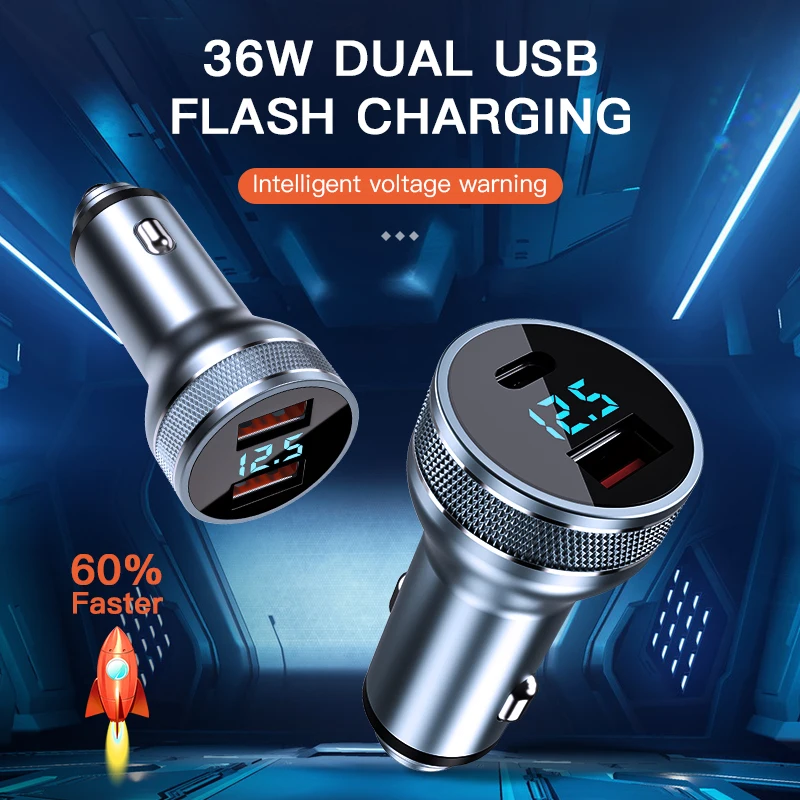 The New 36W PD Car Charger with QC 3.0 Digital Display usb portable charger Fast Charging Ibd New Arrival 58w 3 Ports
