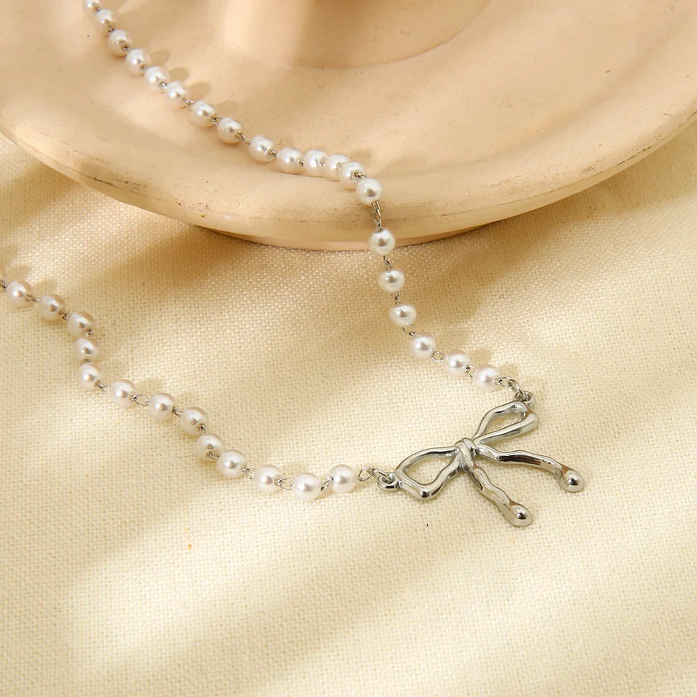Nice Design Metal bowknot Charms Pearl Chain Ribbon Bow Pendant Necklace