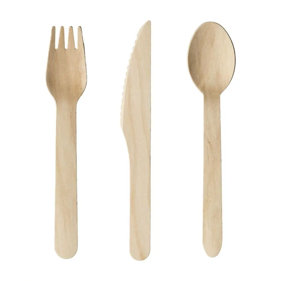 Eco-friendly Biodegradable Disposable Wooden Coffee Spoon Knife Fork Birch Wood Cutlery Set Custom Package for Restaurant Party