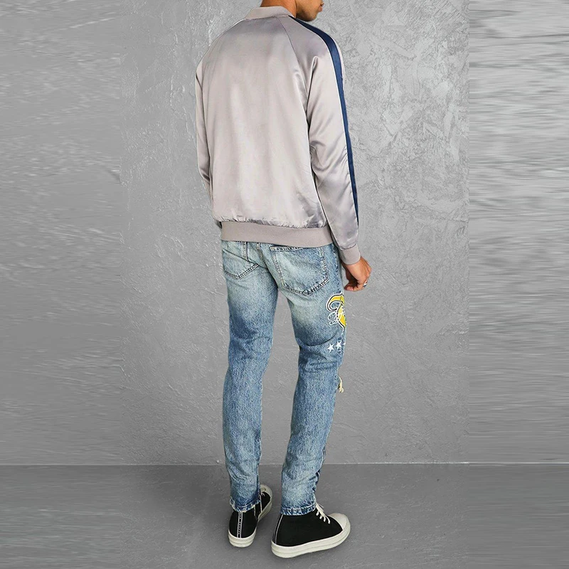 New custom men winter polyester shiny jackets for men stylish patched bomber jacket