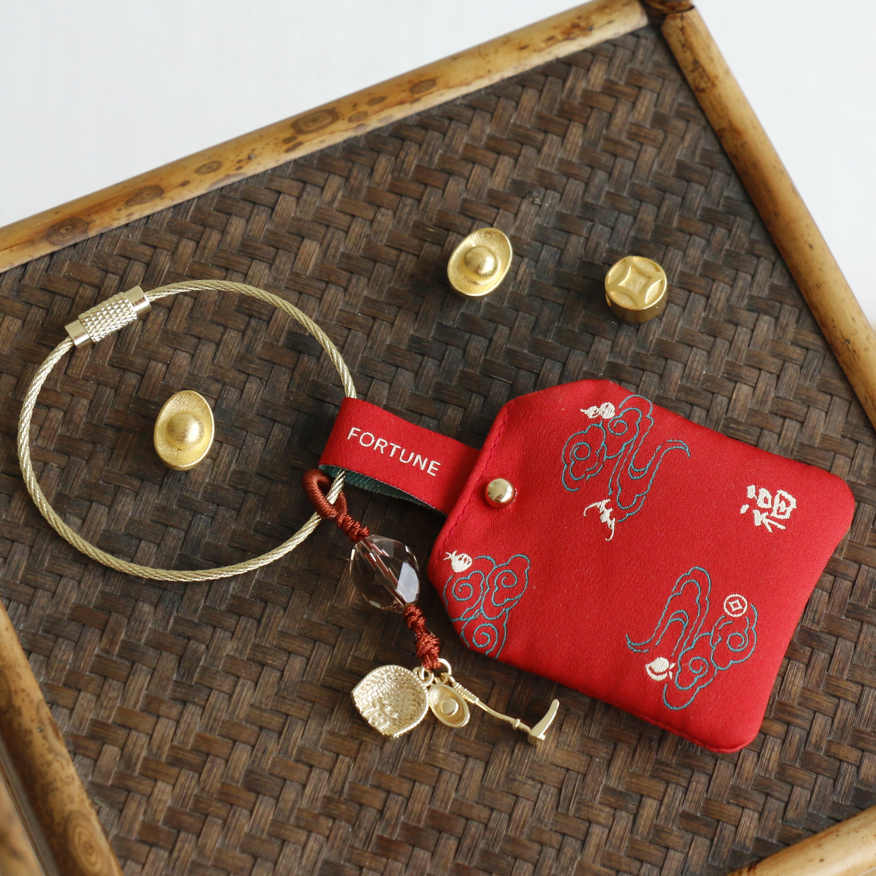 Creative Unique Embroidery Design Pray Keychain Gift  Pray Fortune Pendant  Hanging Decoration Cherry Key Chain
