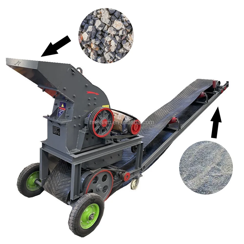 portable gravel sand making machine small pc 400*600 glass hammer mill crusher with conveyor belt