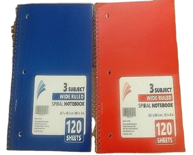 Three Subject Notebooks 120 pages Spiral Binding with three hole punch and microperforation