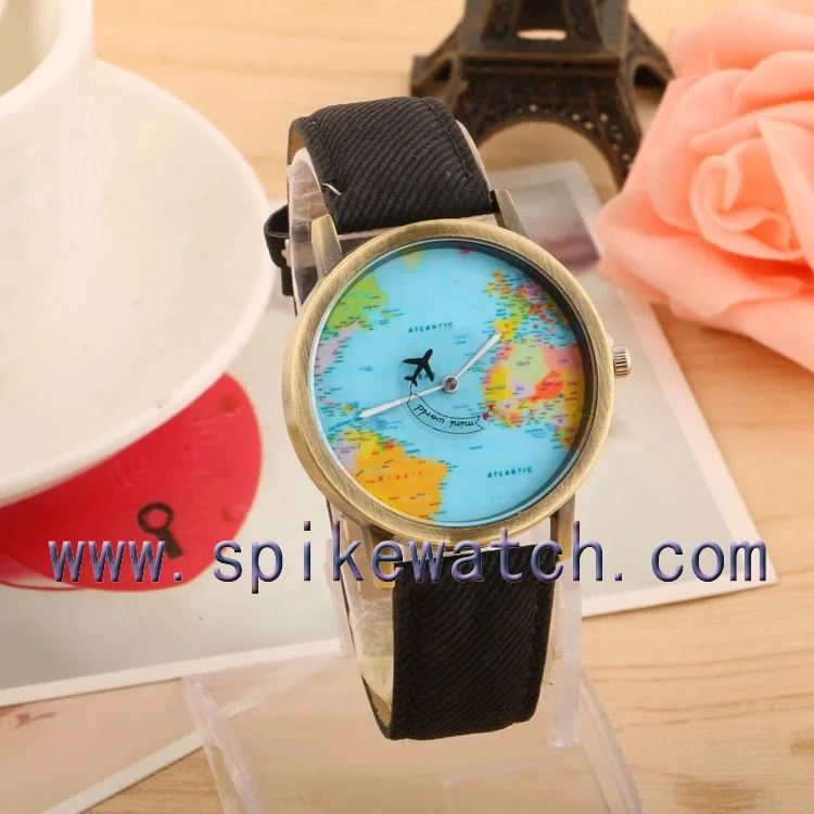 Special airplane hand leather strap world map watch dial for lady