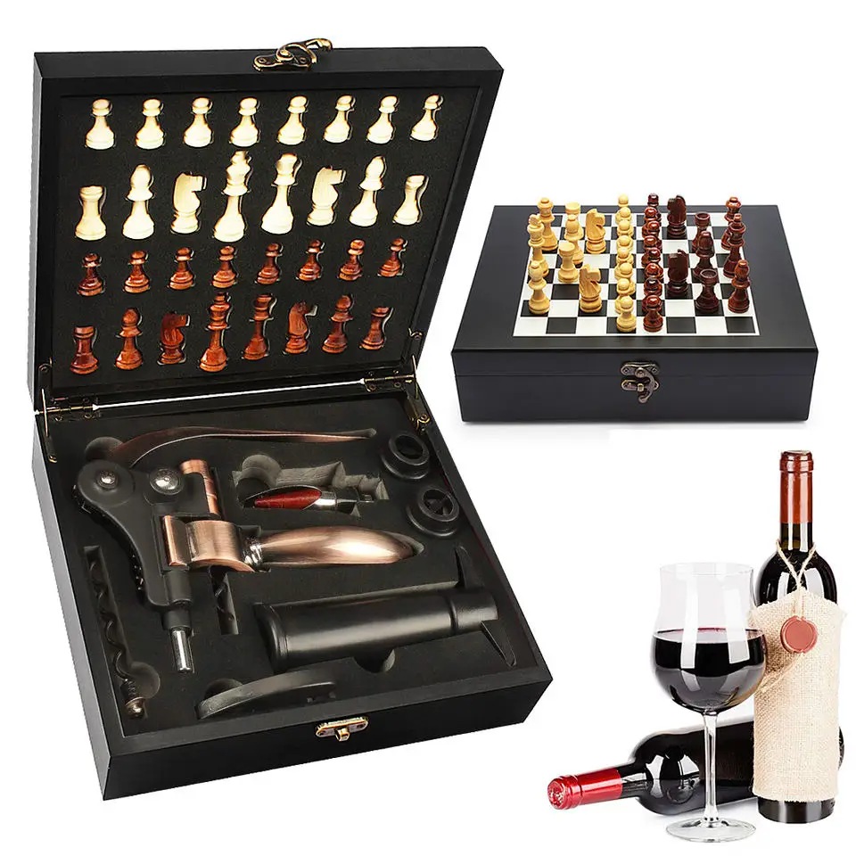 Amazon Factory supply Wooden chess game set wooden box wine accessories set wine corkscrew opener gift set