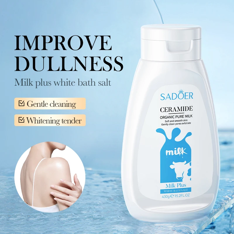 OEM SADOER Wholesale Ceramide Milk Whitening Bath Salt Brighten Skin Exfoliating Whitening Body Wash Herbal Body Scrub Bath Salt