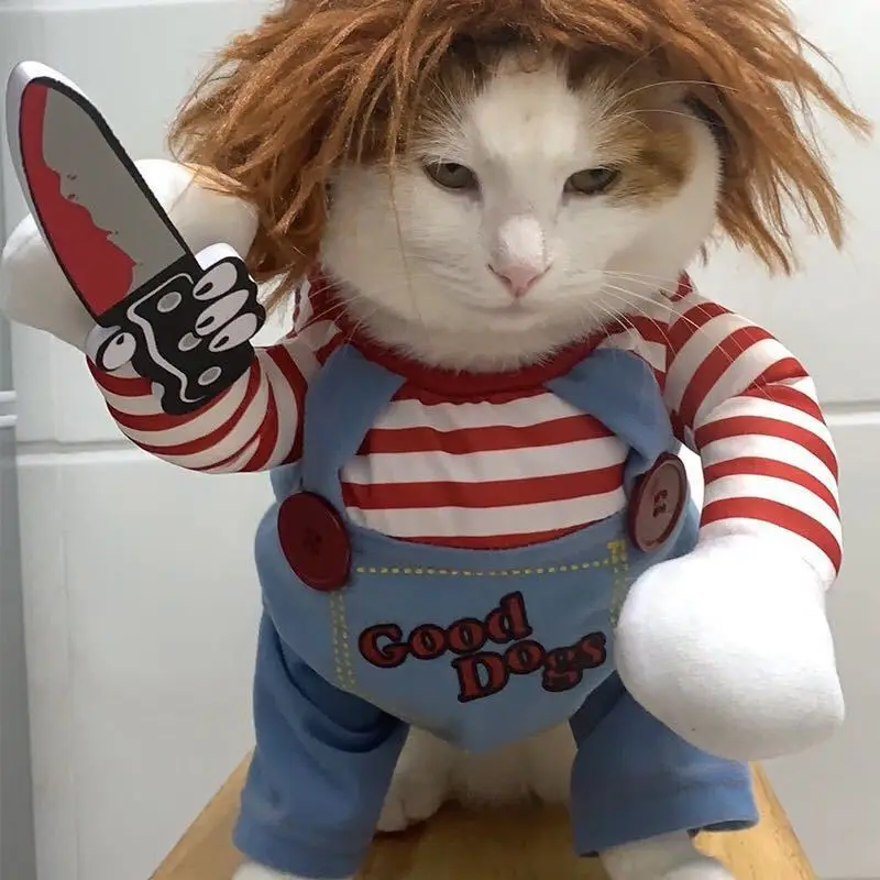 Hot selling funny pet chucky dog clothes cute doll Holding a Knife Halloween pet dog Costume