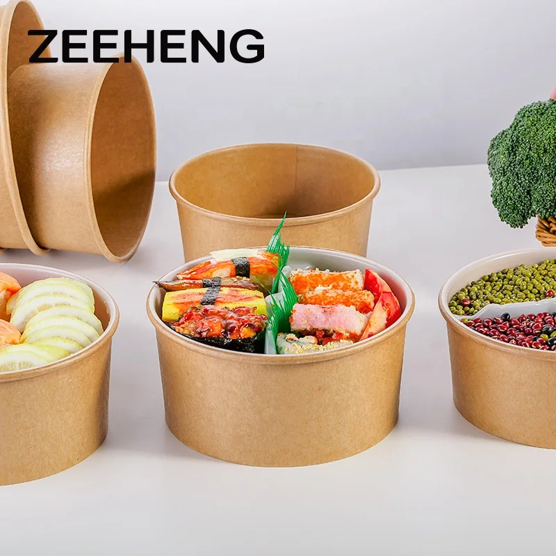Custom Shaped Biodegradable 32oz Disposable Kraft Paper Sugarcane Bagasse Fruit Paper Salad Packaging Poke Bowl With Lid