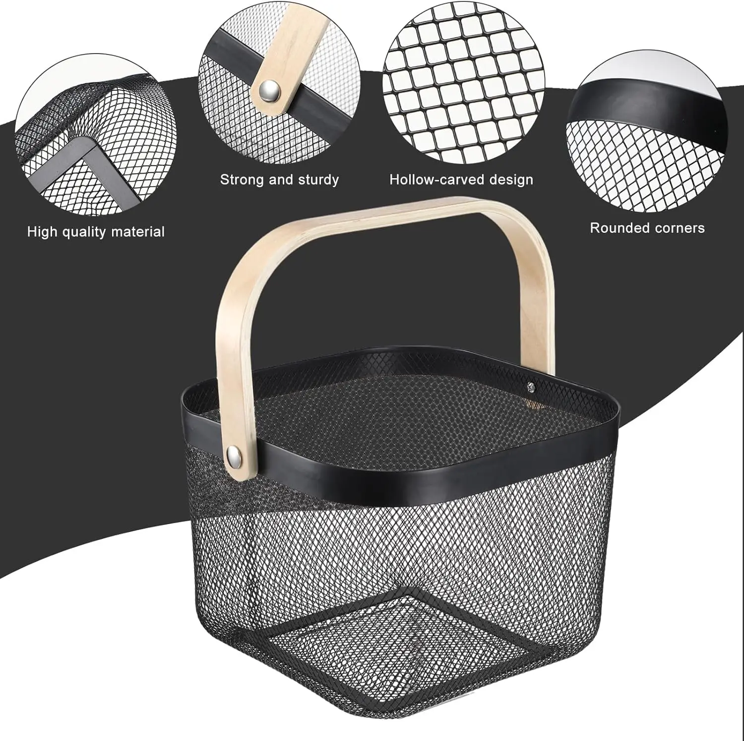 Metal Mesh Steel Basket for Storage  Multifunction Wire Baskets with Wooden Handle 3 Shapes Multiple colors