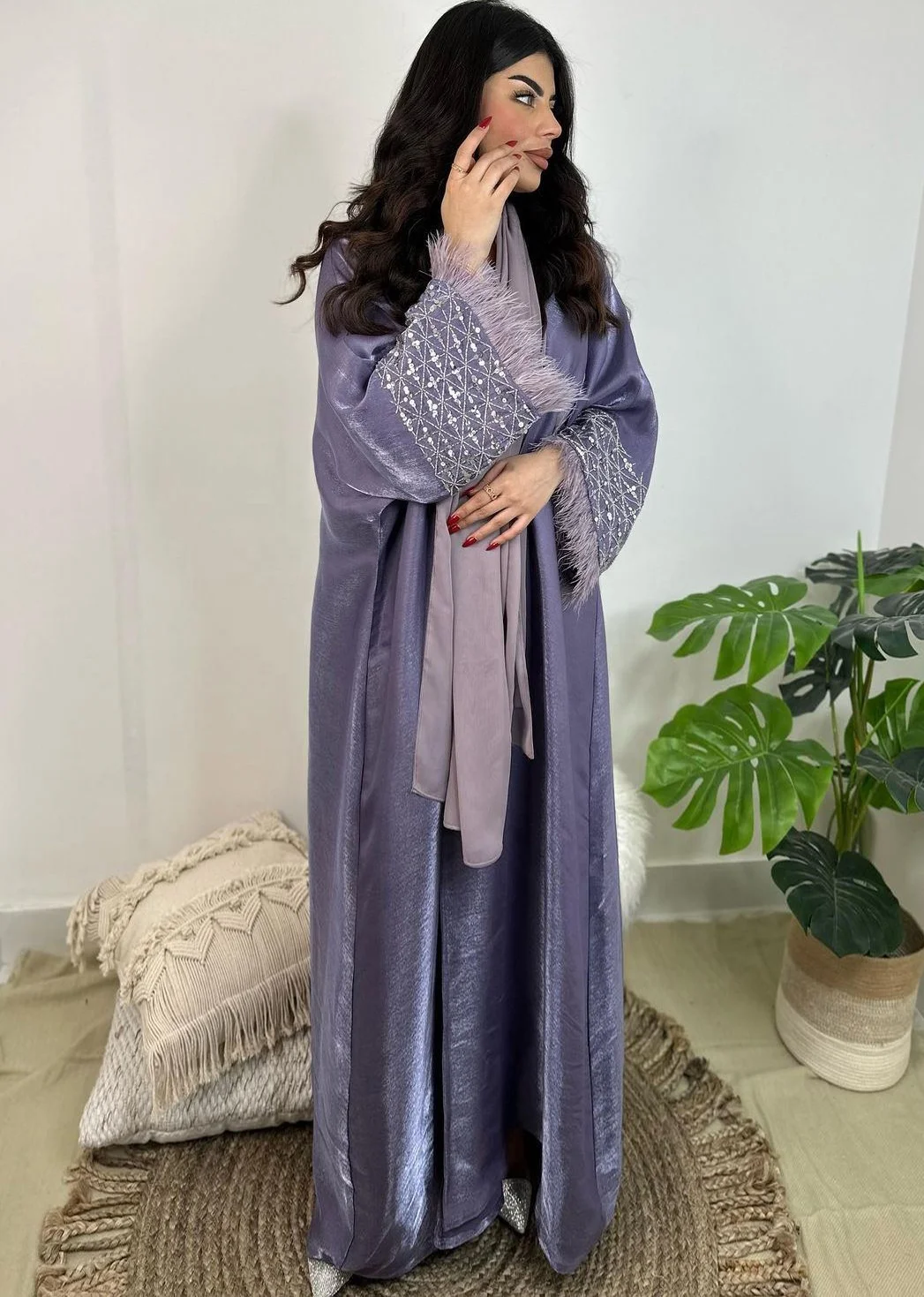 2 Piece Middle east Dubai Gulf Ramadan Shiny Luxury Embroidery Islamic Muslim Feather Abaya With Hijab