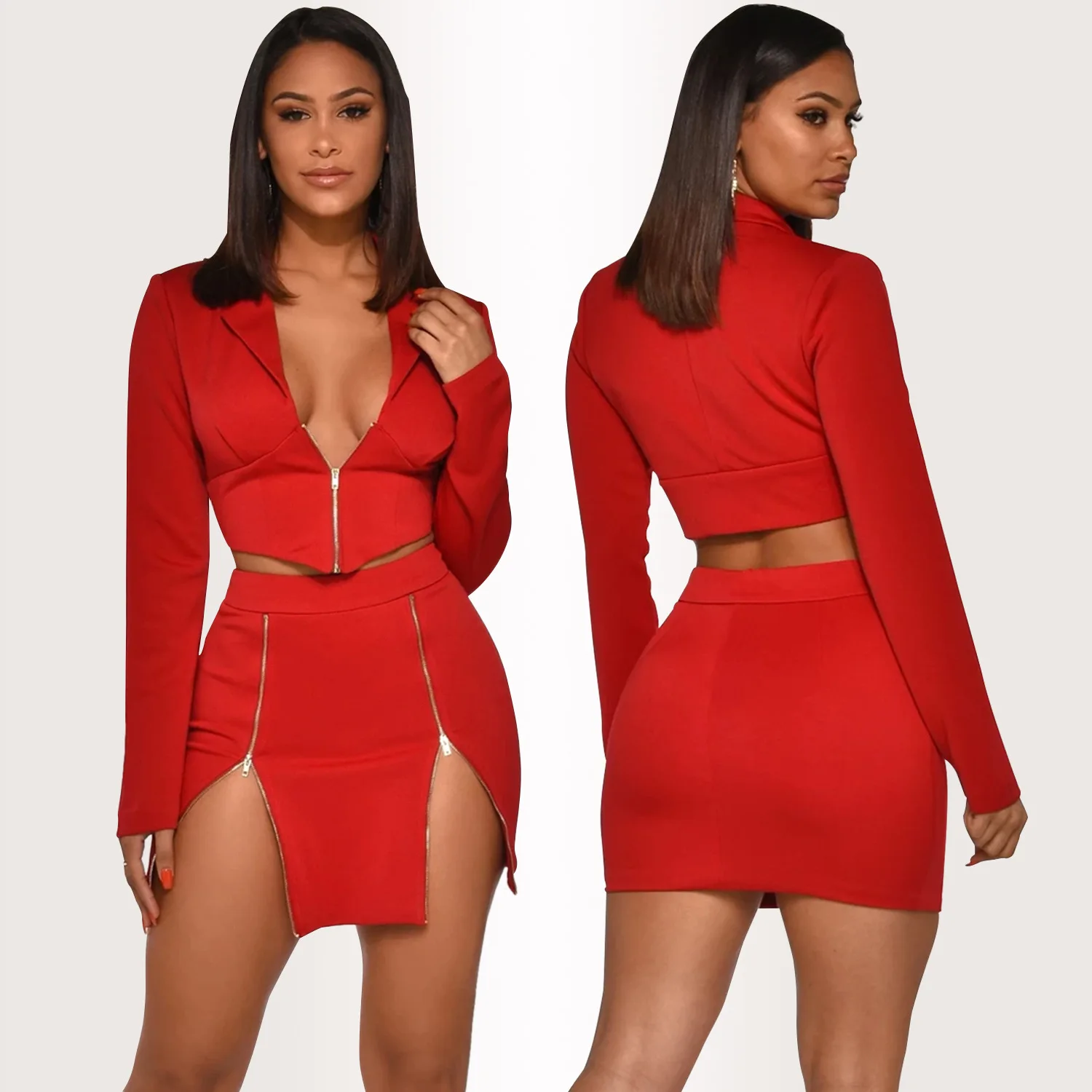 Wholesale customized LOGO Sexy V-neck Color Crop Blazer Set Women Mini Skirt 2 Piece Suits