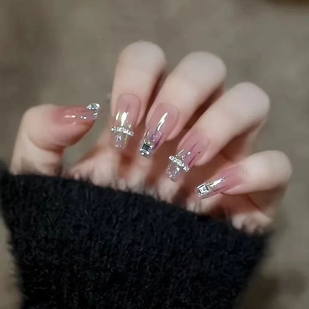 Diamond Medium Length Ballerina Nails Coffin Fake Nails Designs Press On Nails In Bulk Artificial Fingernails With Rhinestone