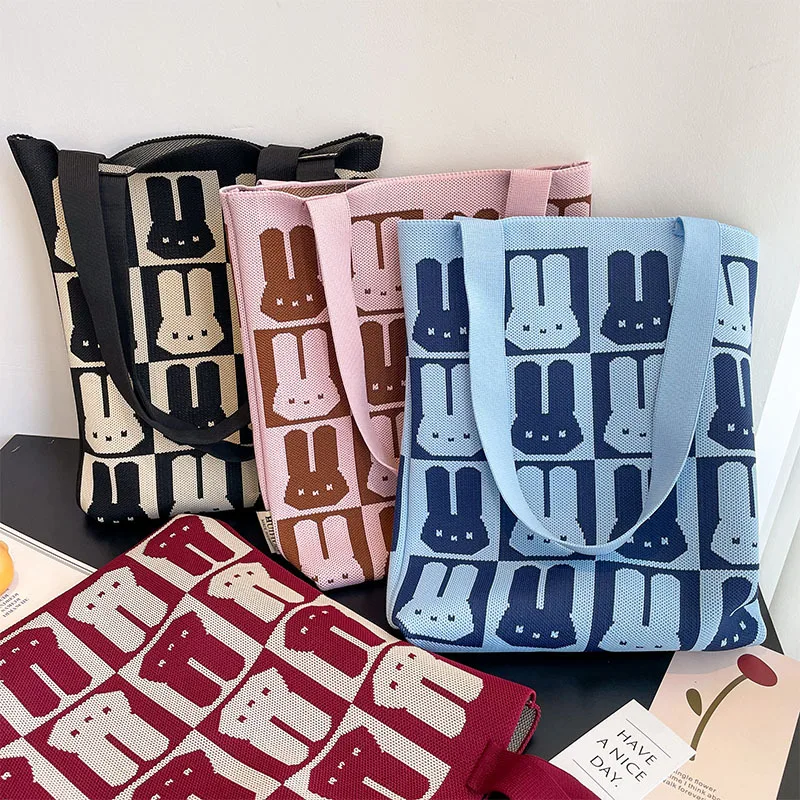 Wholesale Custom Design Rabbit Thickened Shoulder Bag Vintage Large Capacity Handbags Unique Knitted Cotton Tote Bag for Women