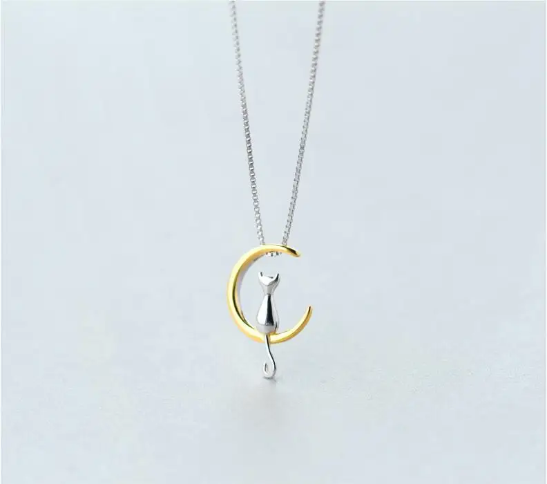 Animal Jewelry 925 Silver Necklace Cat and Moon Pendant Necklace for girls