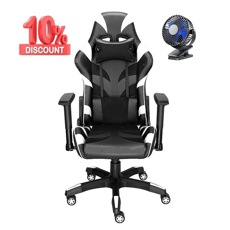 Big Discount Professional Chaise Gaming Recliner E-Sport White Pc Desk Swivel Executive Computer Chair with Portable Clip on Fan