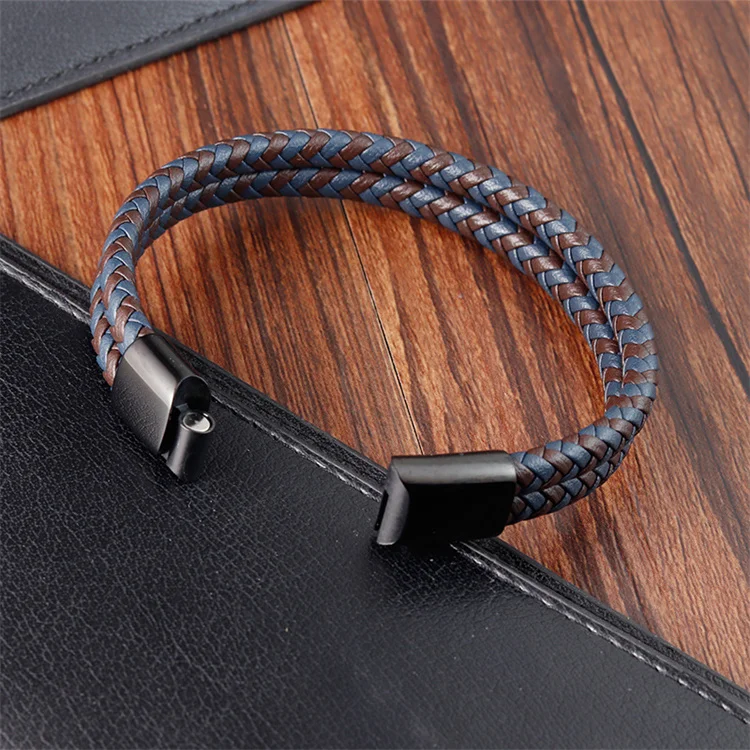 Fashion Double Layers Braided Wristband Bangle Custom Logo Stainless Steel Magnetic Buckles Colorful Genuine Leather Bracelets