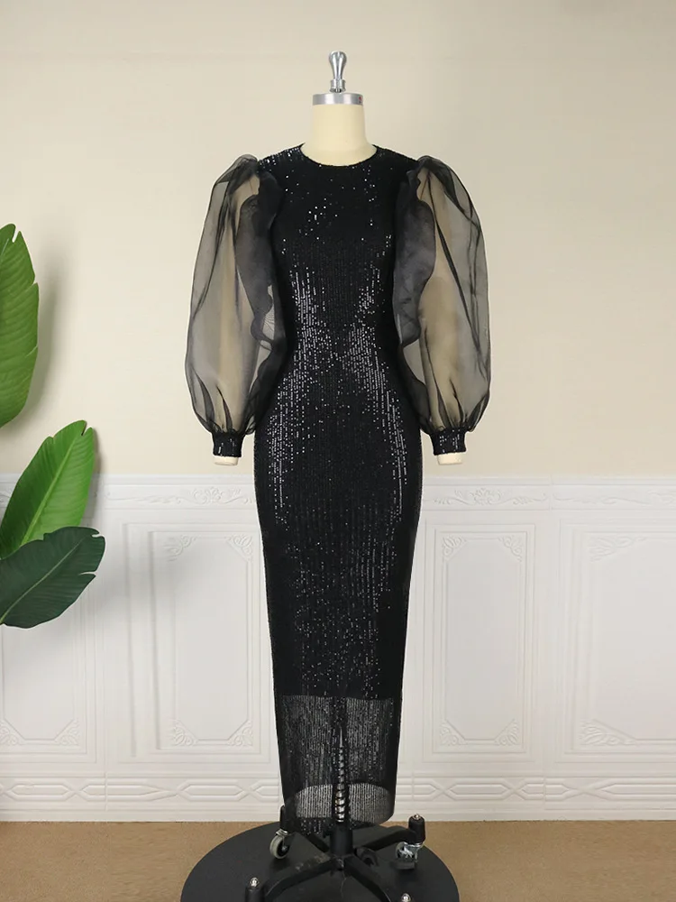 Black Party Sequin Puffy Long Sleeve 4XL Africa Lady Evening Dress