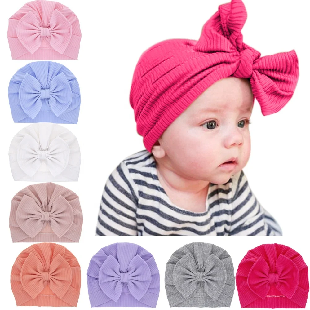 Lovely Solid Color Thick Newborn Hat  Baby Cotton Soft Big Bow Turban Bonnet Babies Infant Toddler Turbans