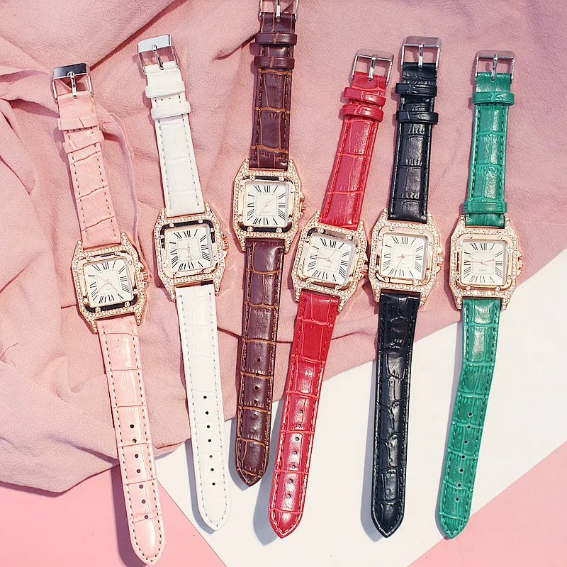 Hot Sale Women Ladies Fashion Leather Strap Square Diamond Quartz Wrist Bracelet Watches Gift Set for ladies women