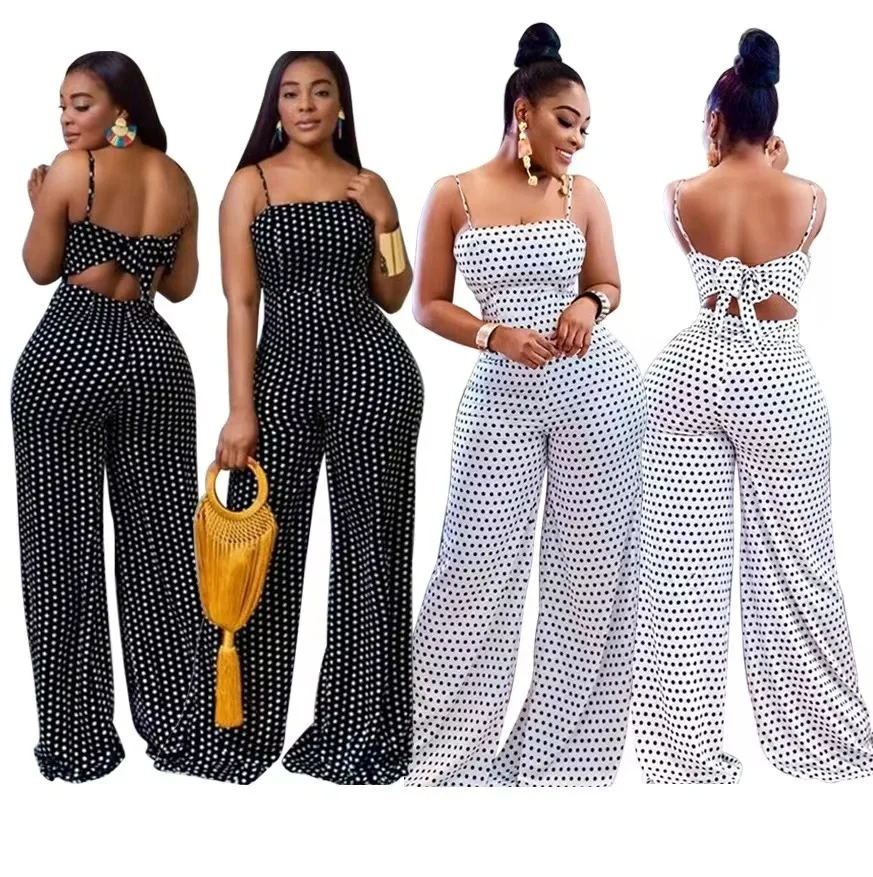 Ibeauty 2022 Plus Size Women Loose Trousers Polka Dot Jumpsuit Playsuits Wide Leg Bodycon Rompers Sling Women Jumpsuits