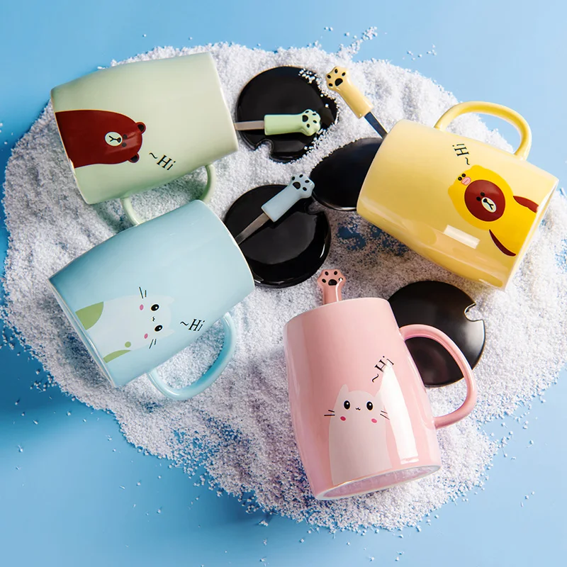 Zogift Cute Cat Style Ceramic Mugs Lid Spoon Cartoon Creative Morning Mug Milk Coffee Tea Unique Porcelain Coffee Mugs