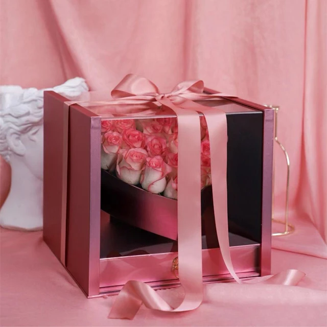 wholesale clear valentine rose gift box rectangle window drawer bouquet cajas para flores y amor flowers box