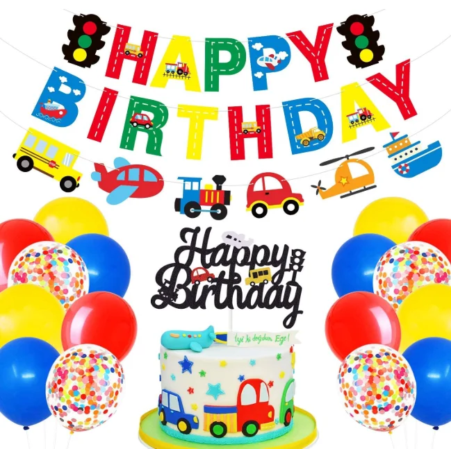 Traffic Transportation vehicle Cars Train Birthday Banner Garland Cake Topper confetti Balloons for Kids Birthday Party Supplies