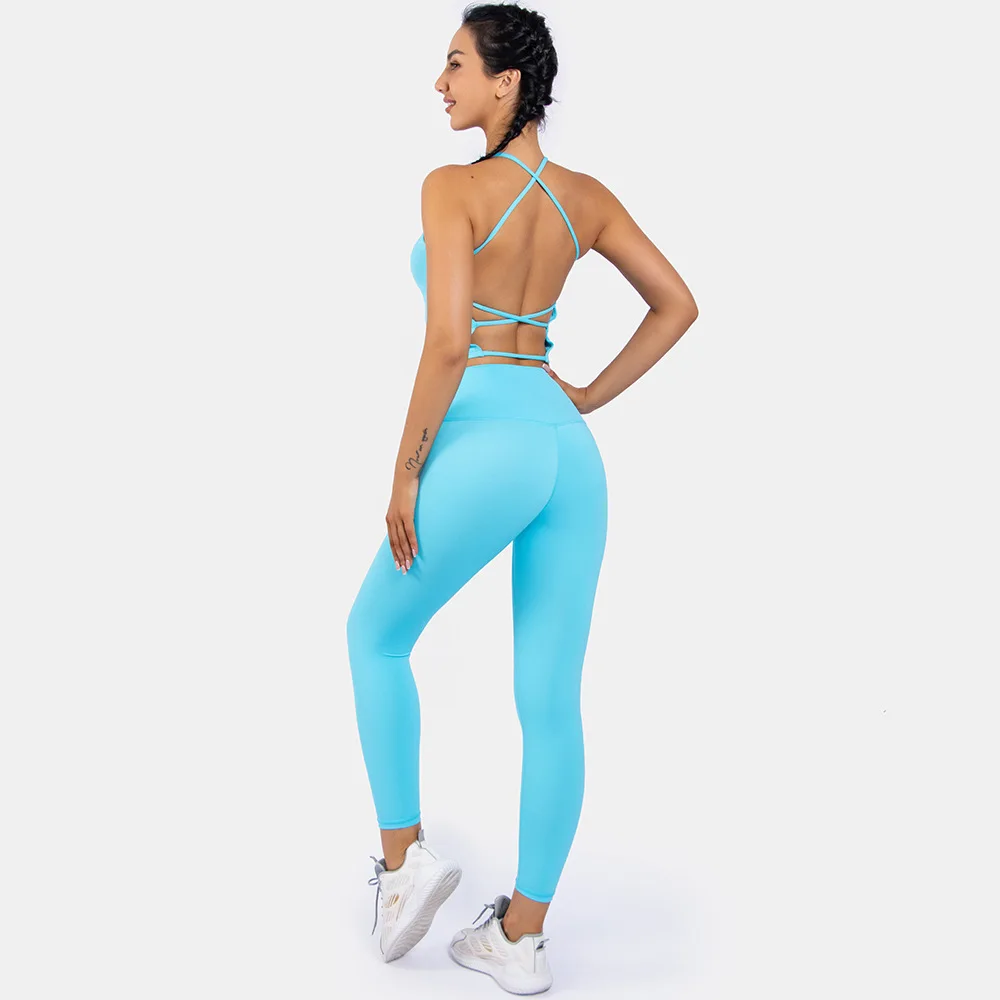 High Quality Compression Sexy Backless Soprts Bra Gym Leggings Yoga Fitness Set Women Nude Feel Active Wear